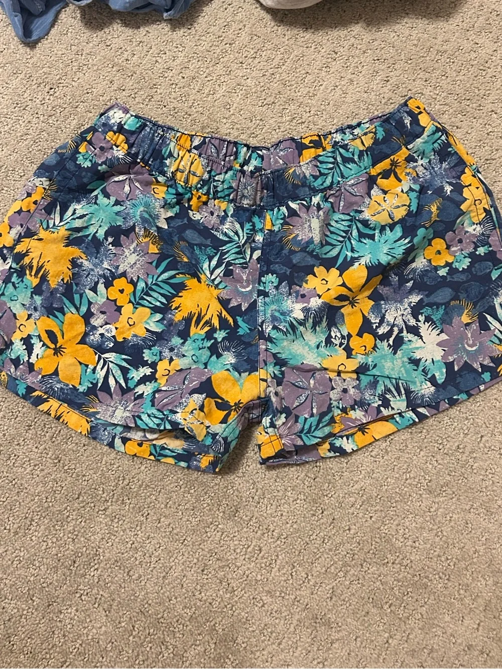 Patagonia Navy Floral Athletic Shorts with Yellow & Teal Print